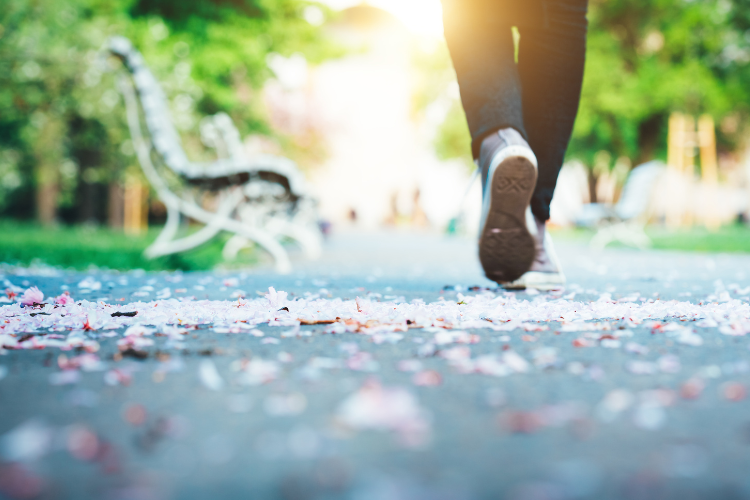 A person walking through a park with fallen leaves in Autumn.