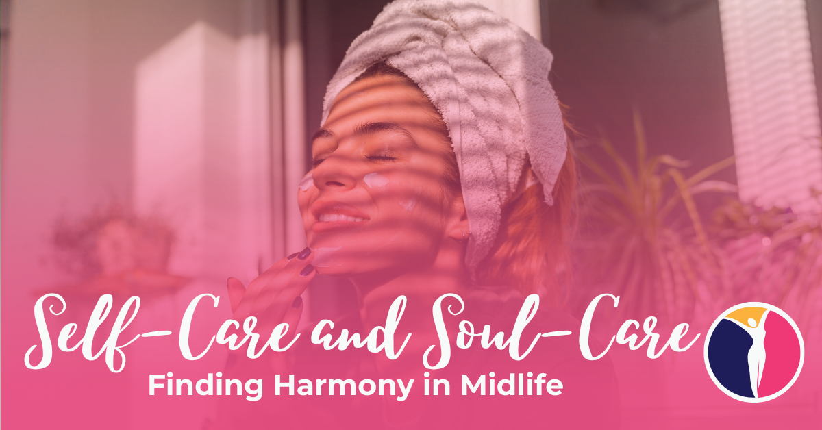 A woman pampering herself with skin care is one piece of self-care to achieve harmony in midlife.